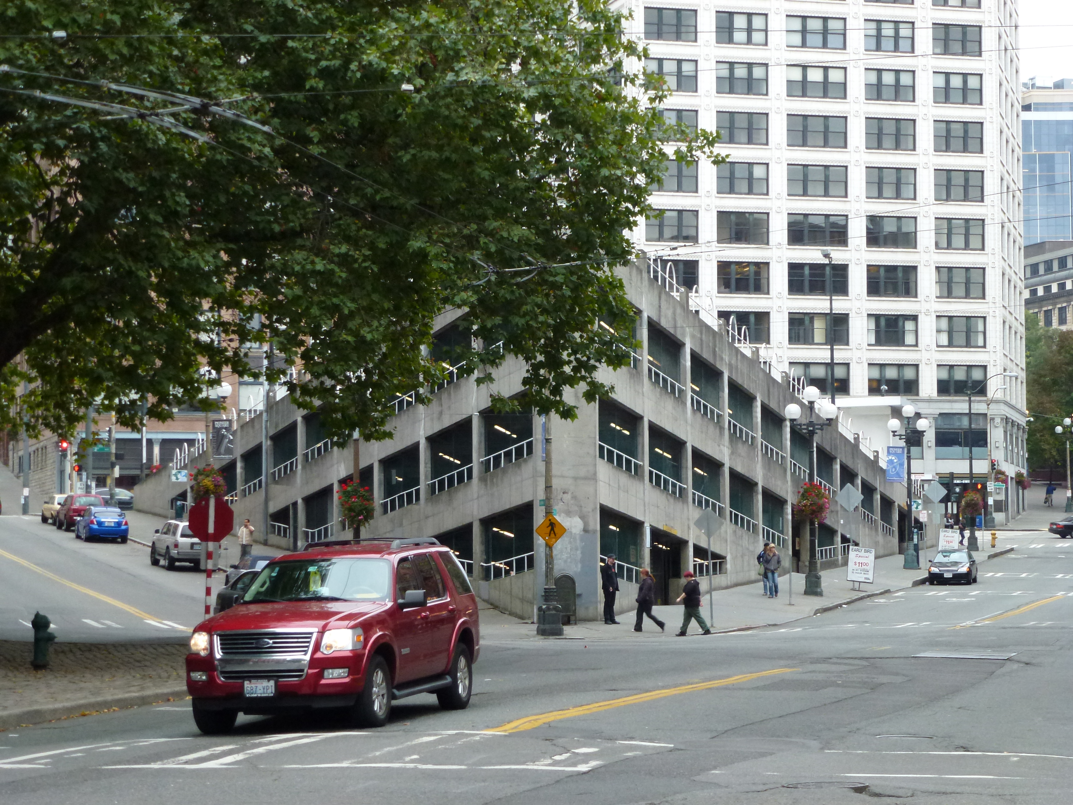 A close up of the crazy parking garage